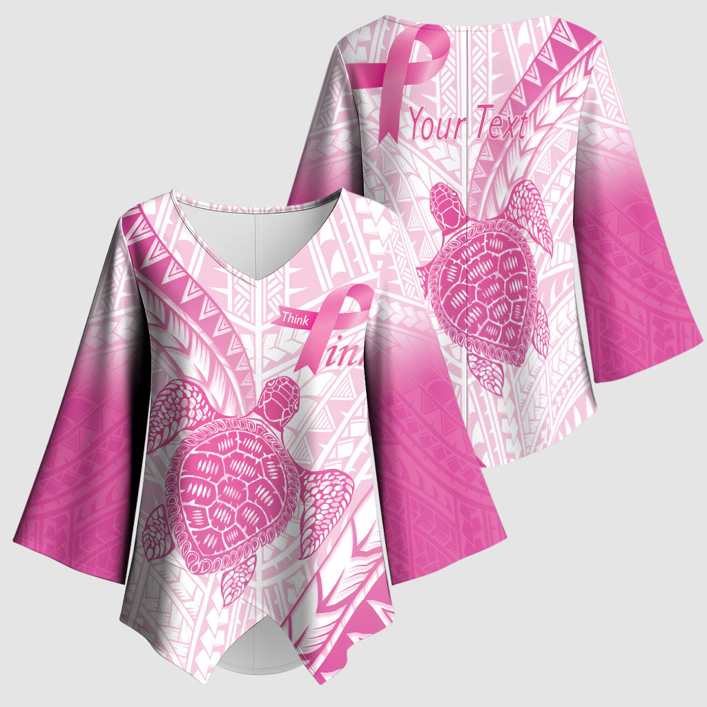 Breast Cancer Awareness Personalised Kimono Sleeve Blouse Pink Ribbon Turtle Polynesian Pattern White LT22 - Polynesian Pride