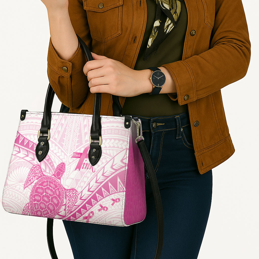 Breast Cancer Awareness Leather Bag Pink Ribbon Turtle Polynesian Pattern White LT22 - Polynesian Pride