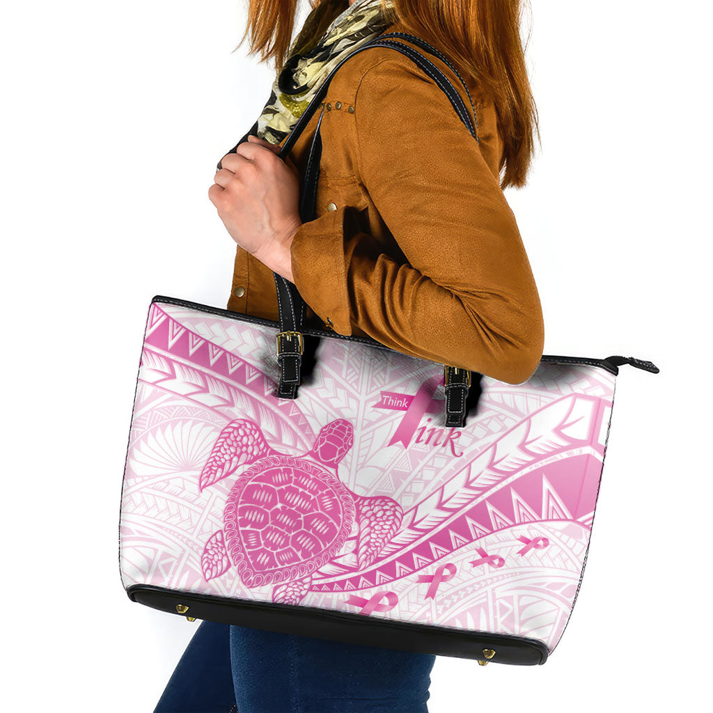Breast Cancer Awareness Leather Tote Bag Pink Ribbon Turtle Polynesian Pattern White LT22 Pink - Polynesian Pride