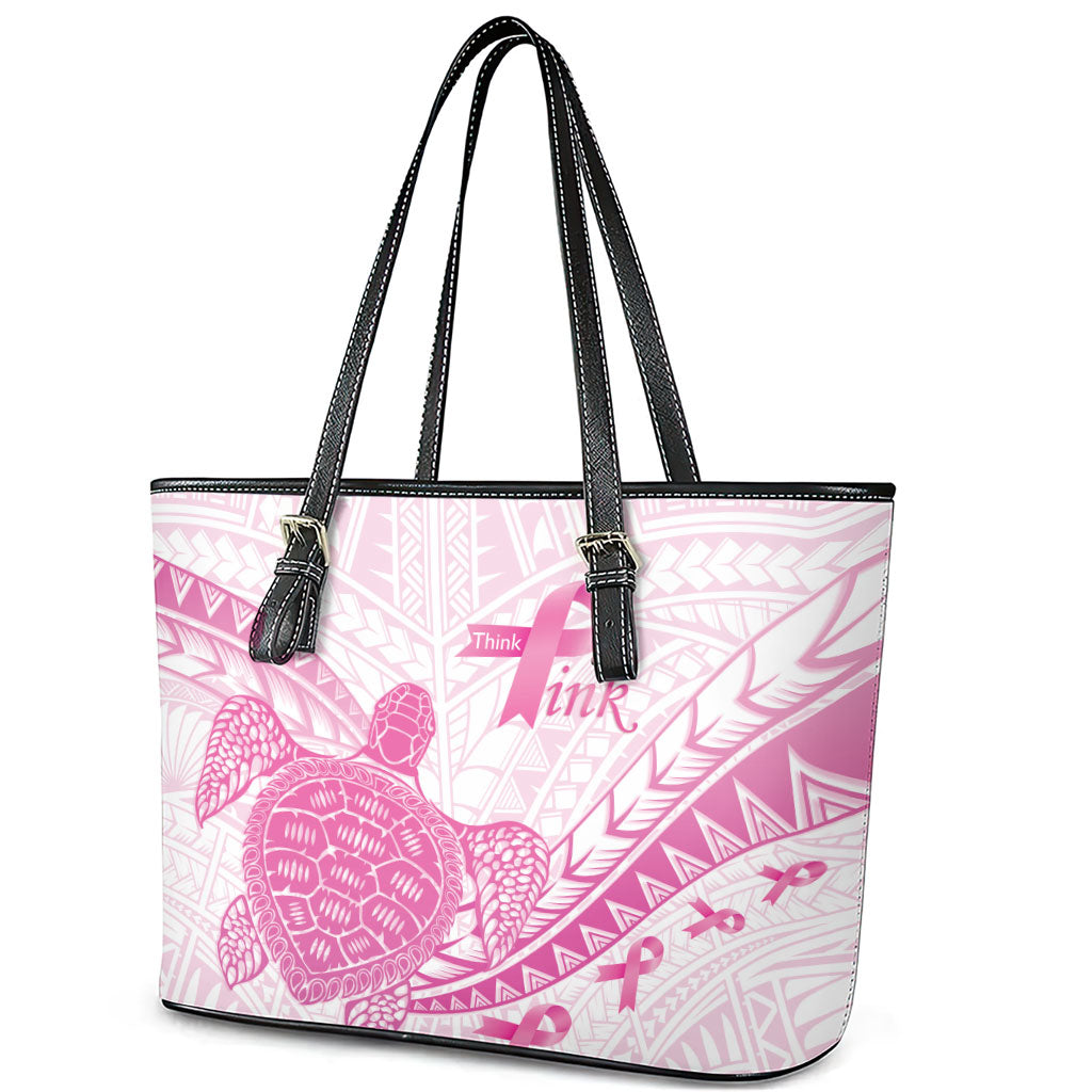 Breast Cancer Awareness Leather Tote Bag Pink Ribbon Turtle Polynesian Pattern White LT22 - Polynesian Pride