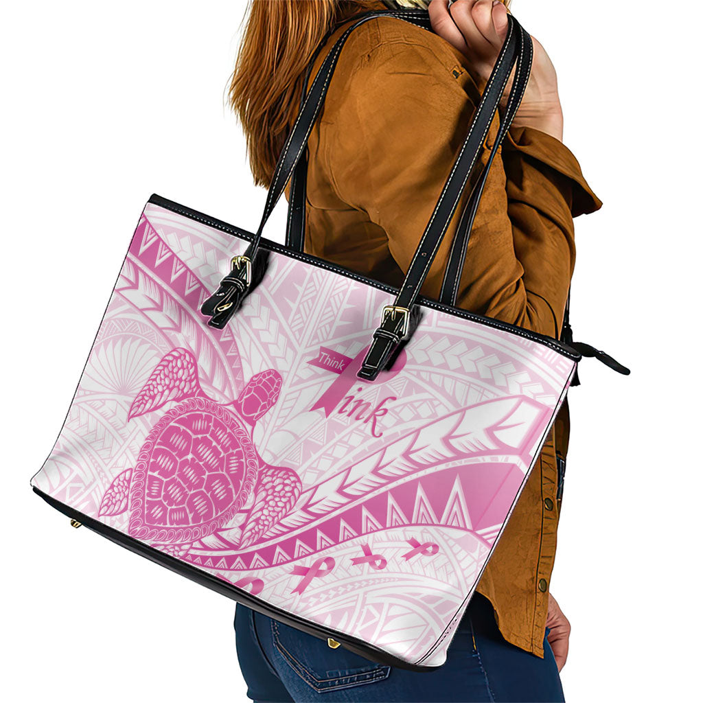 Breast Cancer Awareness Leather Tote Bag Pink Ribbon Turtle Polynesian Pattern White LT22 - Polynesian Pride