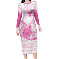 Breast Cancer Awareness Personalised Long Sleeve Bodycon Dress Pink Ribbon Turtle Polynesian Pattern White