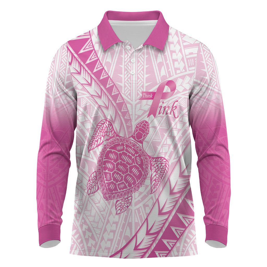 Breast Cancer Awareness Personalised Long Sleeve Polo Shirt Pink Ribbon Turtle Polynesian Pattern White LT22 Pink - Polynesian Pride