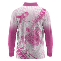 Breast Cancer Awareness Personalised Long Sleeve Polo Shirt Pink Ribbon Turtle Polynesian Pattern White LT22 - Polynesian Pride