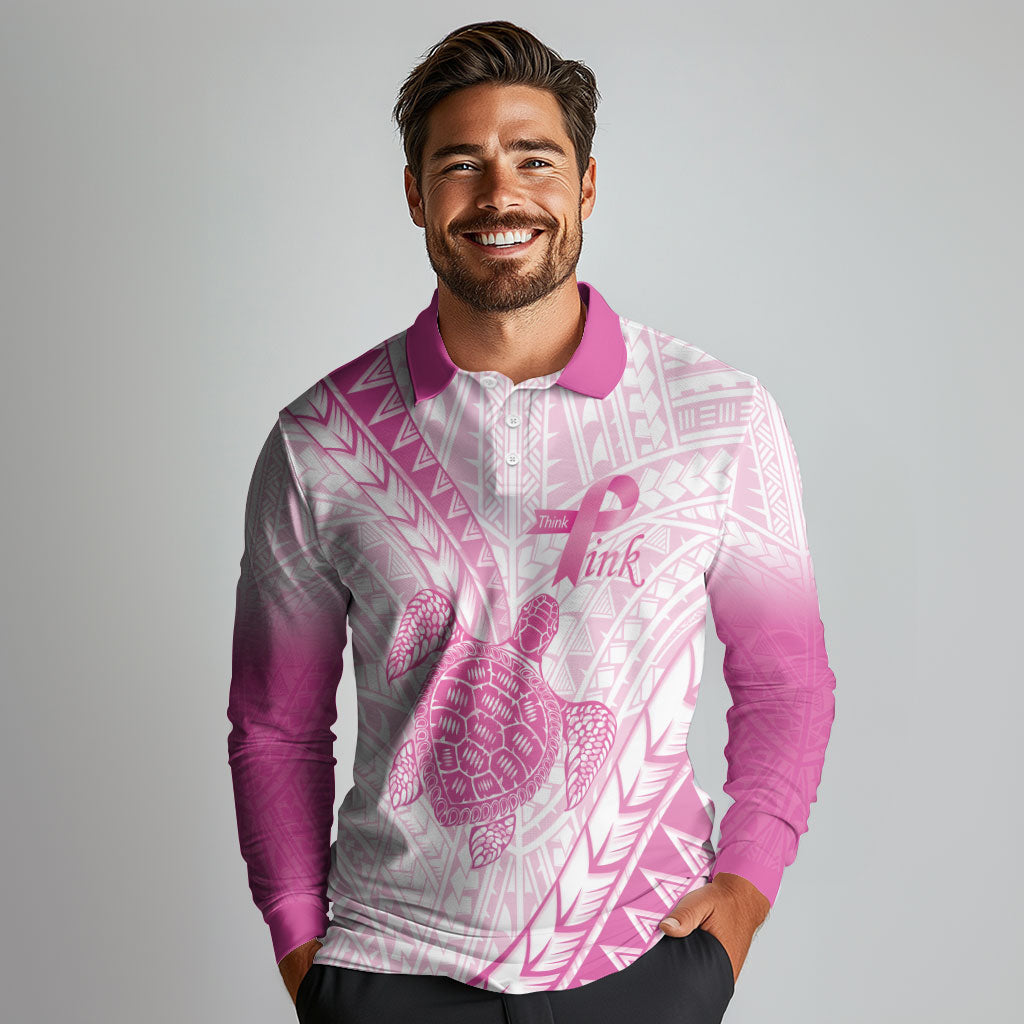 Breast Cancer Awareness Personalised Long Sleeve Polo Shirt Pink Ribbon Turtle Polynesian Pattern White LT22 - Polynesian Pride