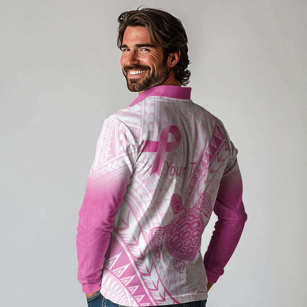 Breast Cancer Awareness Personalised Long Sleeve Polo Shirt Pink Ribbon Turtle Polynesian Pattern White LT22 - Polynesian Pride