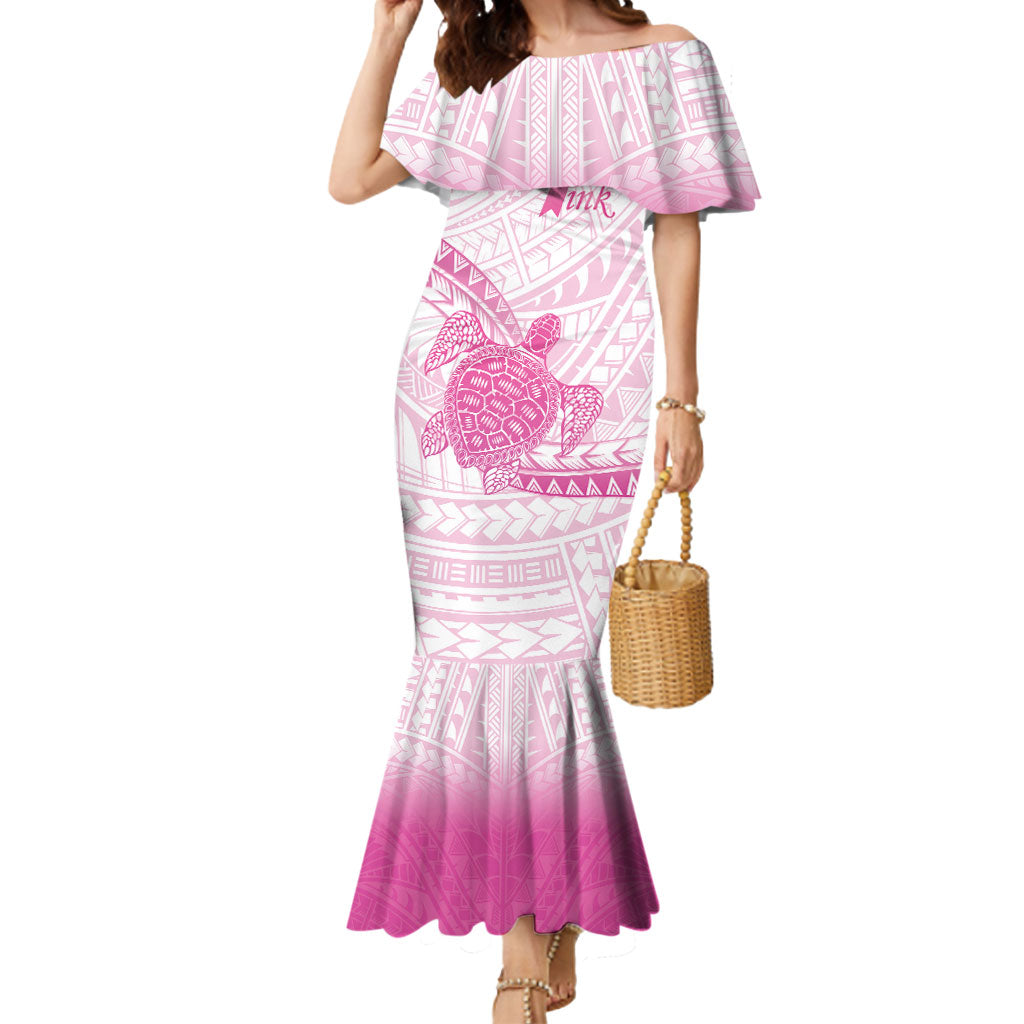 Breast Cancer Awareness Personalised Mermaid Dress Pink Ribbon Turtle Polynesian Pattern White LT22 Women Pink - Polynesian Pride