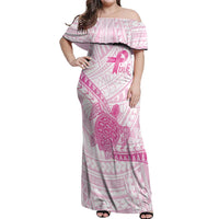 Breast Cancer Awareness Personalised Off Shoulder Maxi Dress Pink Ribbon Turtle Polynesian Pattern White LT22 Women Pink - Polynesian Pride