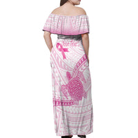 Breast Cancer Awareness Personalised Off Shoulder Maxi Dress Pink Ribbon Turtle Polynesian Pattern White LT22 - Polynesian Pride