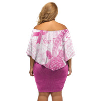 Breast Cancer Awareness Personalised Off Shoulder Short Dress Pink Ribbon Turtle Polynesian Pattern White LT22 - Polynesian Pride