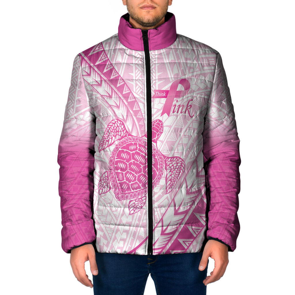 Breast Cancer Awareness Personalised Padded Jacket Pink Ribbon Turtle Polynesian Pattern White LT22 Men Pink - Polynesian Pride