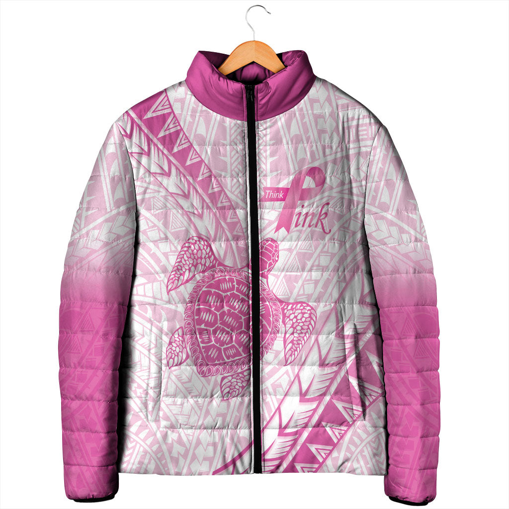 Breast Cancer Awareness Personalised Padded Jacket Pink Ribbon Turtle Polynesian Pattern White LT22 - Polynesian Pride