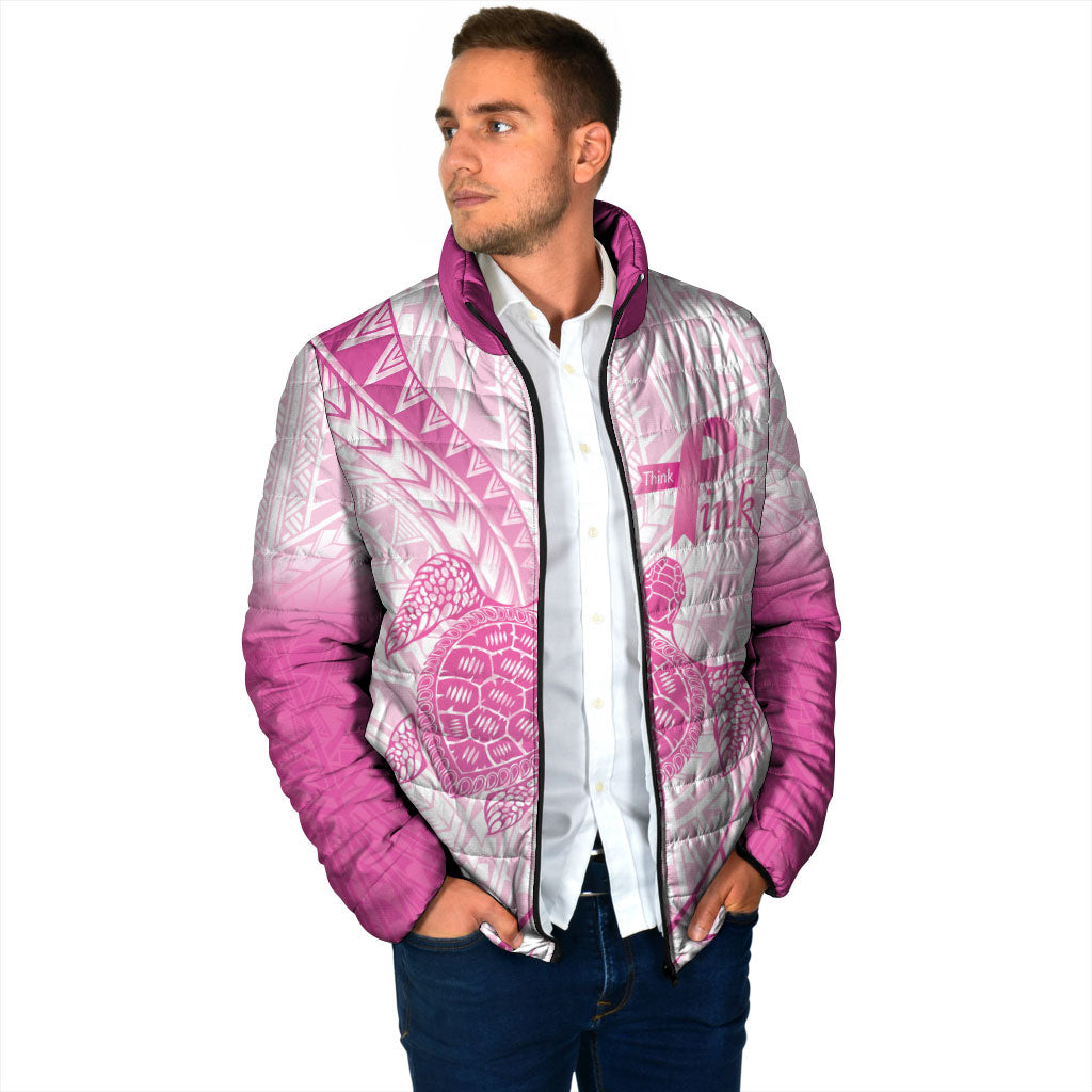 Breast Cancer Awareness Personalised Padded Jacket Pink Ribbon Turtle Polynesian Pattern White LT22 - Polynesian Pride