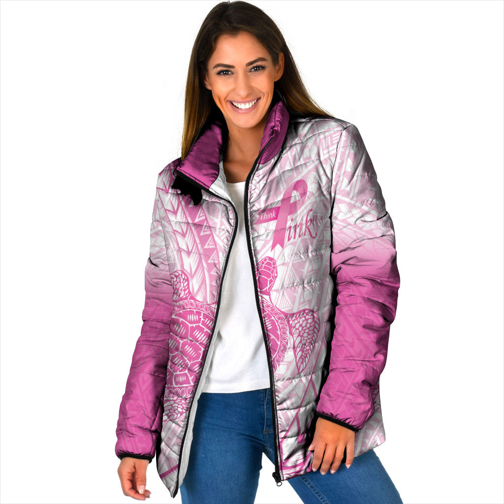Breast Cancer Awareness Personalised Padded Jacket Pink Ribbon Turtle Polynesian Pattern White LT22 Women Pink - Polynesian Pride