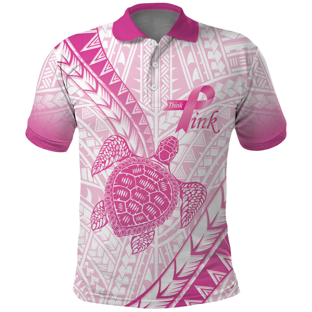 Breast Cancer Awareness Personalised Polo Shirt Pink Ribbon Turtle Polynesian Pattern White LT22 Pink - Polynesian Pride