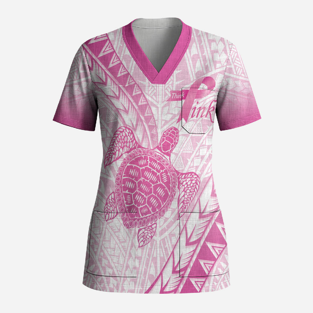 Breast Cancer Awareness Personalised Scrub Top Pink Ribbon Turtle Polynesian Pattern White LT22 Adult Pink - Polynesian Pride