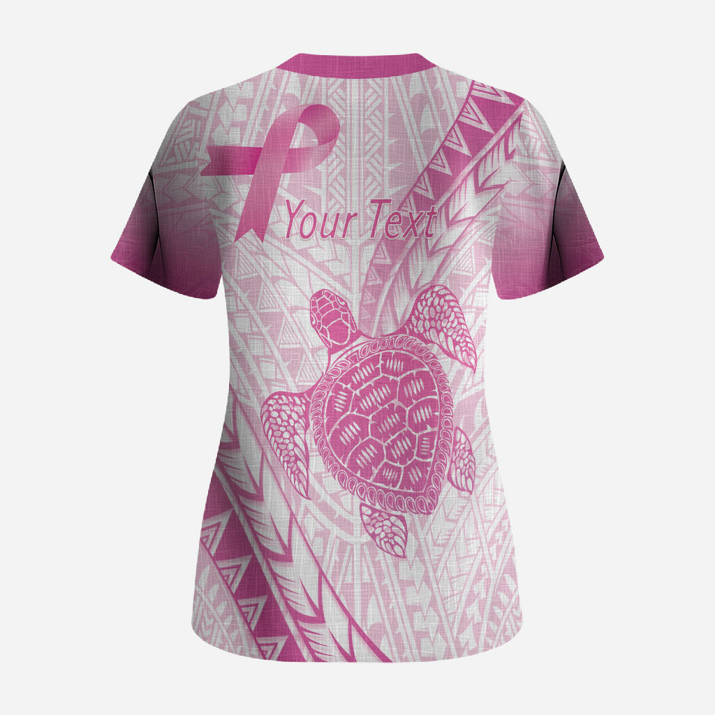 Breast Cancer Awareness Personalised Scrub Top Pink Ribbon Turtle Polynesian Pattern White LT22 - Polynesian Pride