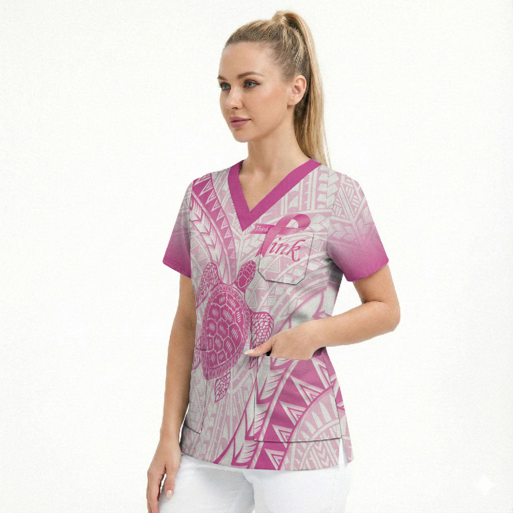 Breast Cancer Awareness Personalised Scrub Top Pink Ribbon Turtle Polynesian Pattern White LT22 - Polynesian Pride