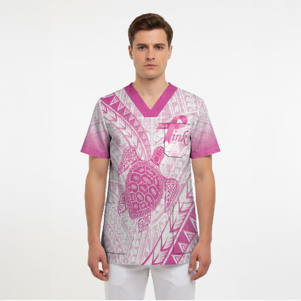 Breast Cancer Awareness Personalised Scrub Top Pink Ribbon Turtle Polynesian Pattern White LT22 - Polynesian Pride