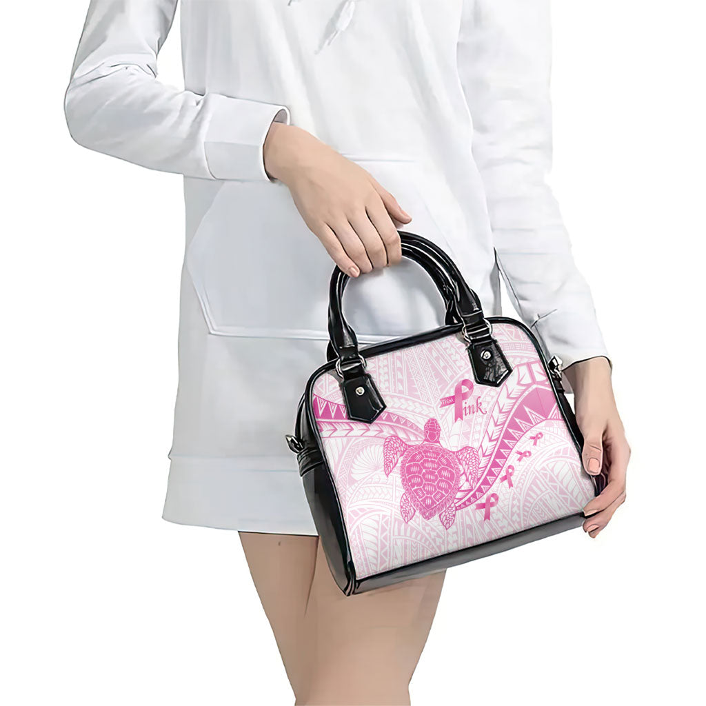 Breast Cancer Awareness Shoulder Handbag Pink Ribbon Turtle Polynesian Pattern White