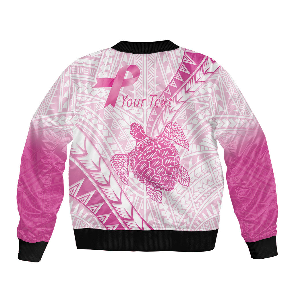 Breast Cancer Awareness Personalised Sleeve Zip Bomber Jacket Pink Ribbon Turtle Polynesian Pattern White LT22 - Polynesian Pride