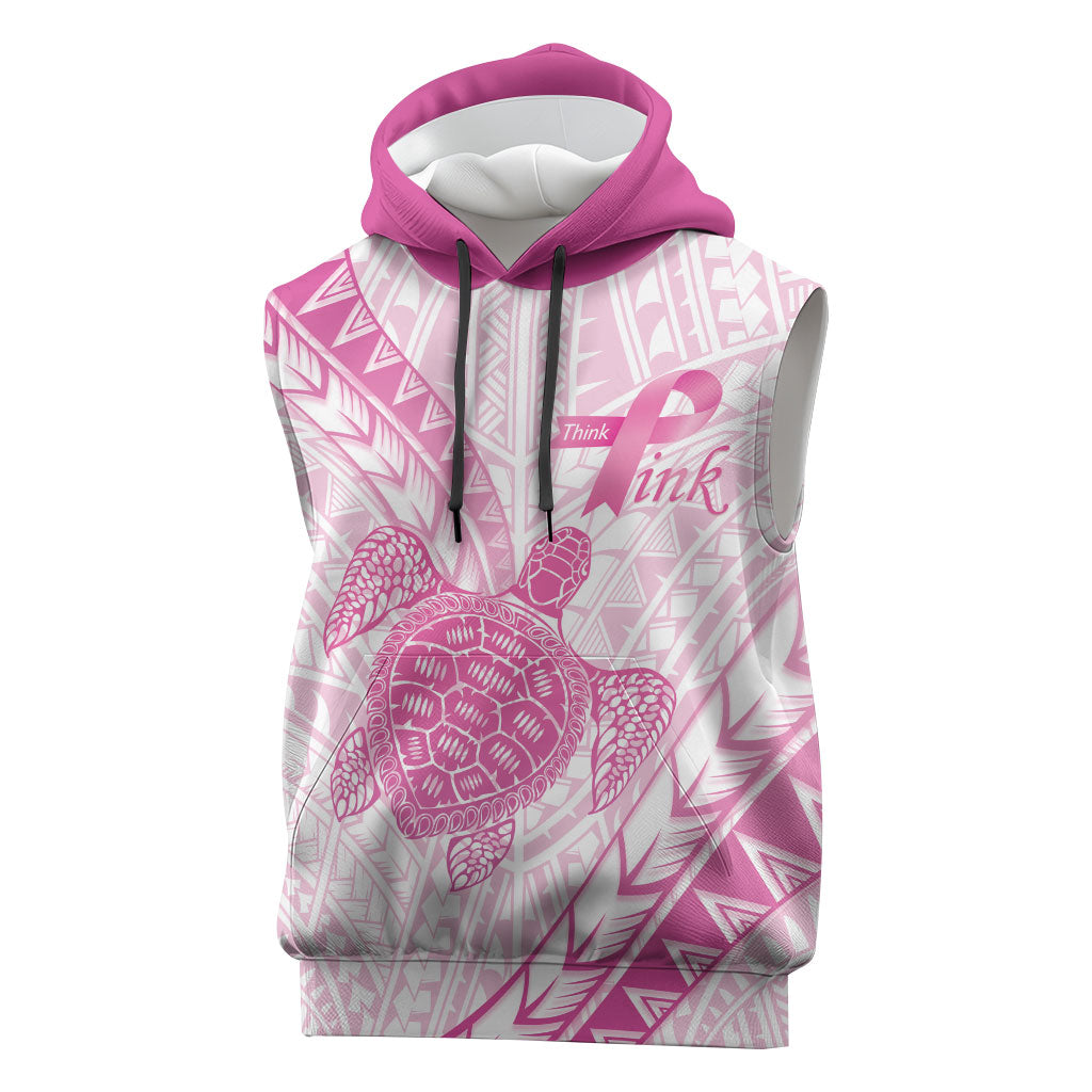 Breast Cancer Awareness Personalised Sleeveless Hoodie Pink Ribbon Turtle Polynesian Pattern White