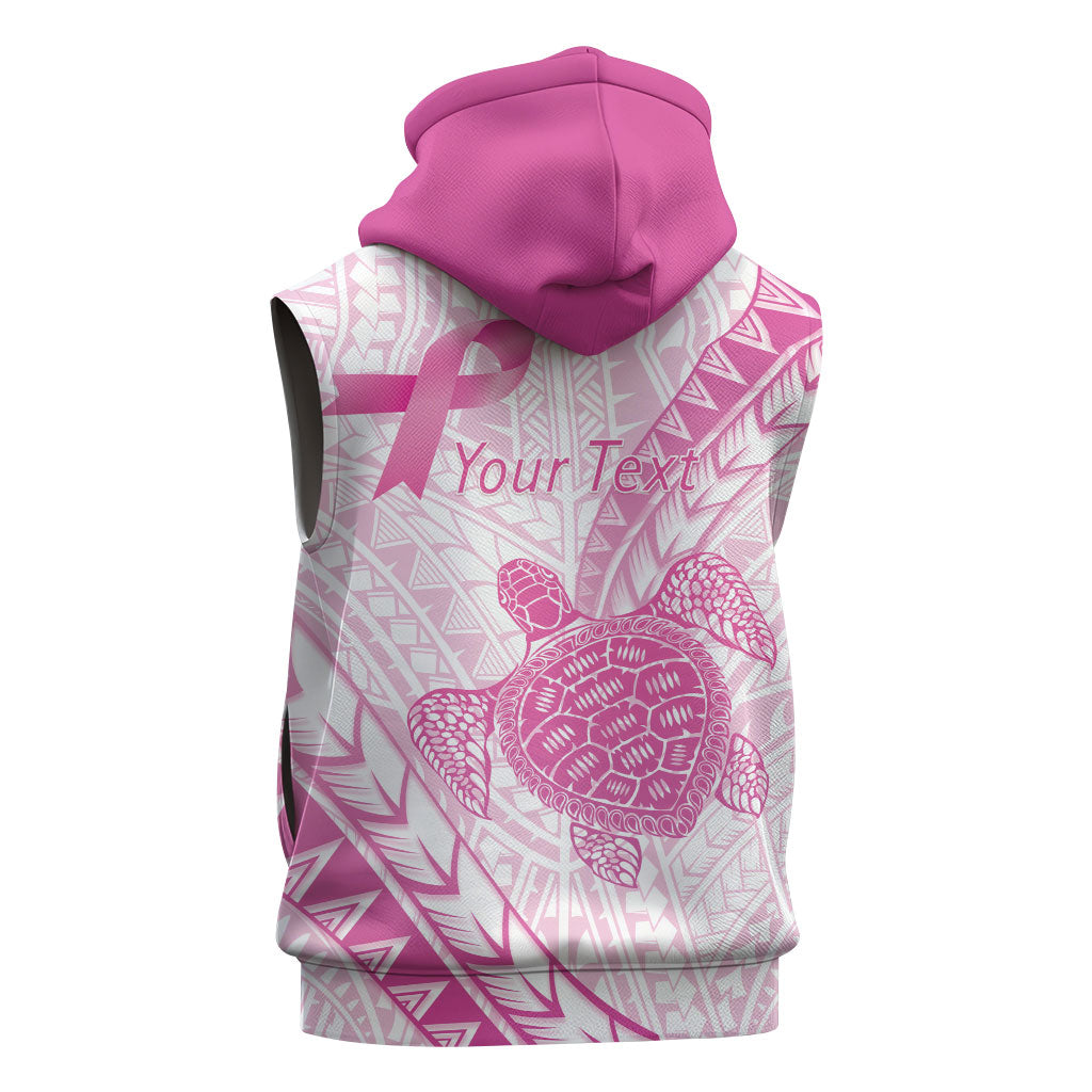 Breast Cancer Awareness Personalised Sleeveless Hoodie Pink Ribbon Turtle Polynesian Pattern White