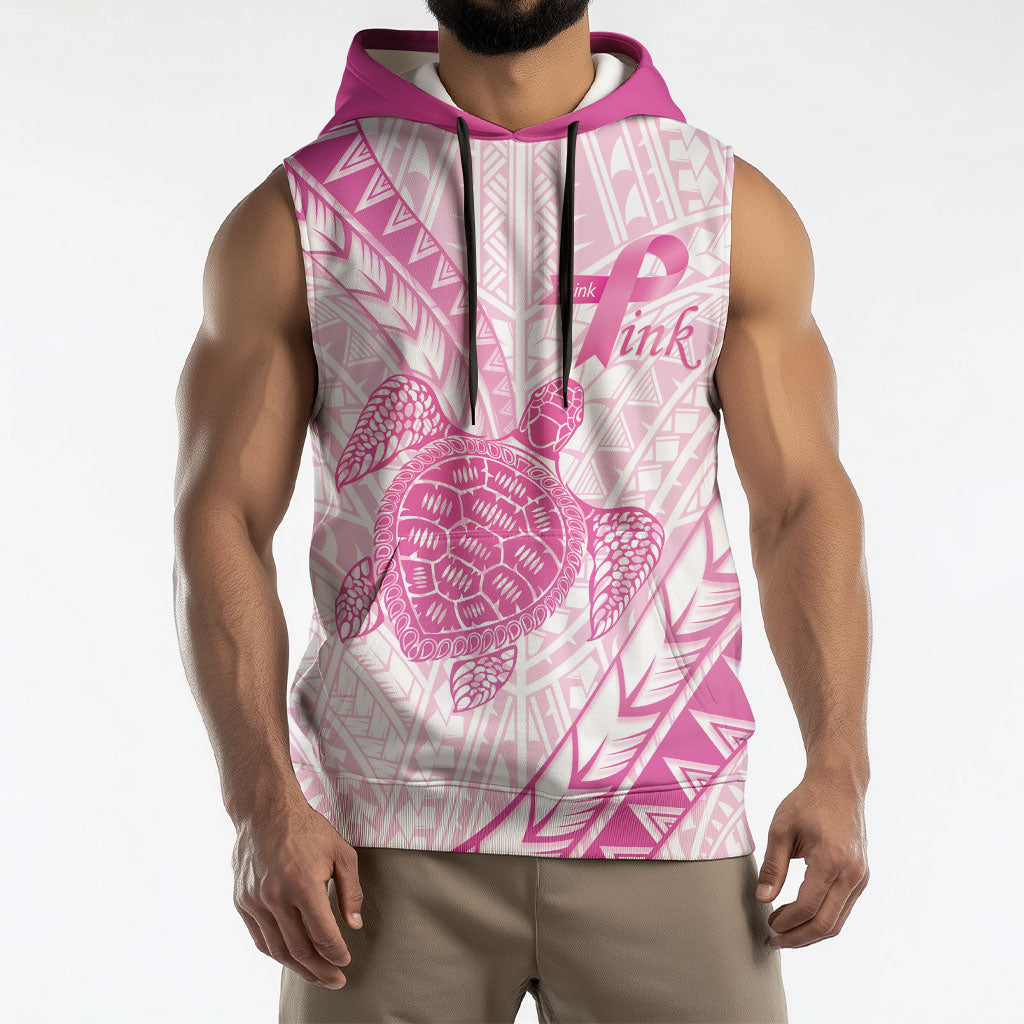 Breast Cancer Awareness Personalised Sleeveless Hoodie Pink Ribbon Turtle Polynesian Pattern White