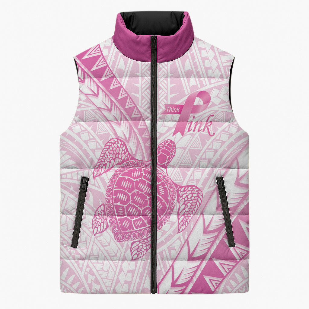 Breast Cancer Awareness Personalised Sleeveless Puffer Jacket Pink Ribbon Turtle Polynesian Pattern White