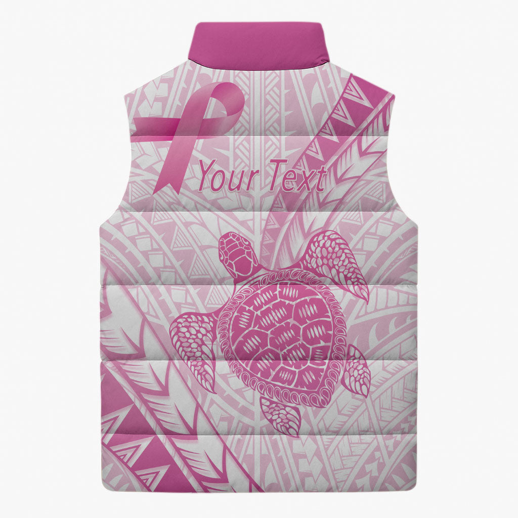 Breast Cancer Awareness Personalised Sleeveless Puffer Jacket Pink Ribbon Turtle Polynesian Pattern White LT22 - Polynesian Pride