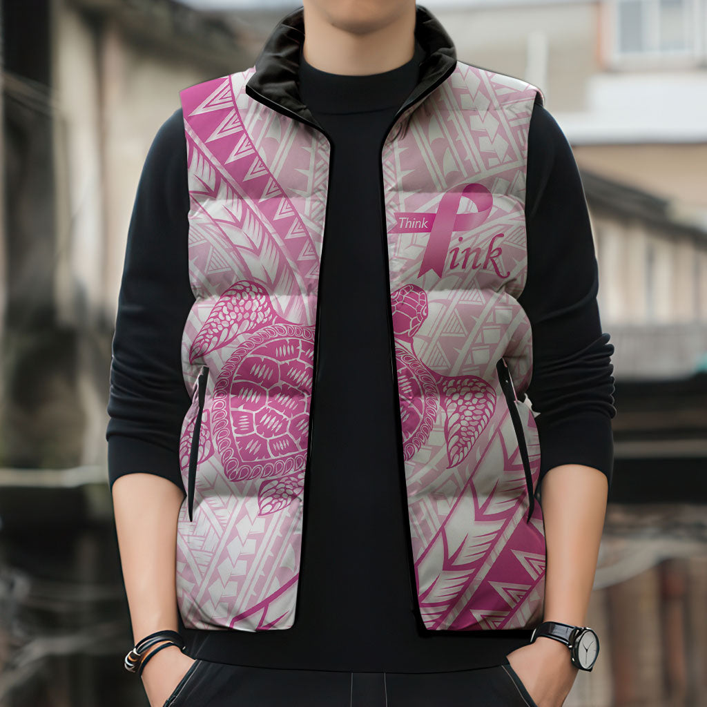 Breast Cancer Awareness Personalised Sleeveless Puffer Jacket Pink Ribbon Turtle Polynesian Pattern White LT22 - Polynesian Pride