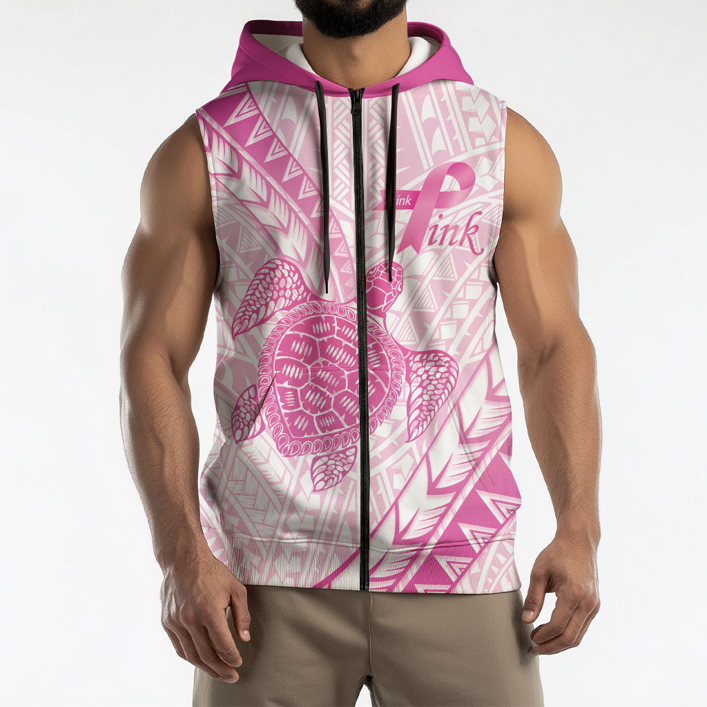 Breast Cancer Awareness Personalised Sleeveless Zip Hoodie Pink Ribbon Turtle Polynesian Pattern White LT22 - Polynesian Pride