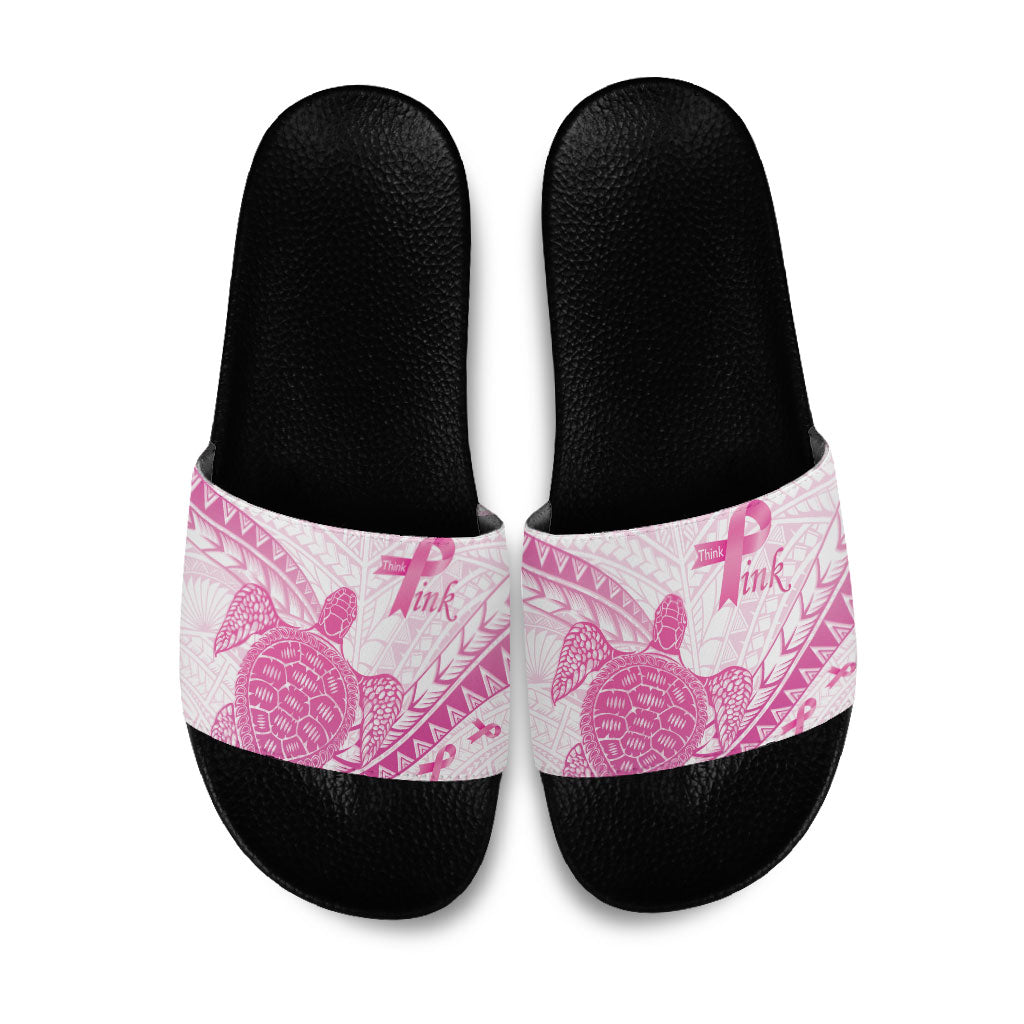 Breast Cancer Awareness Slide Sandals Pink Ribbon Turtle Polynesian Pattern White LT22 Pink - Polynesian Pride