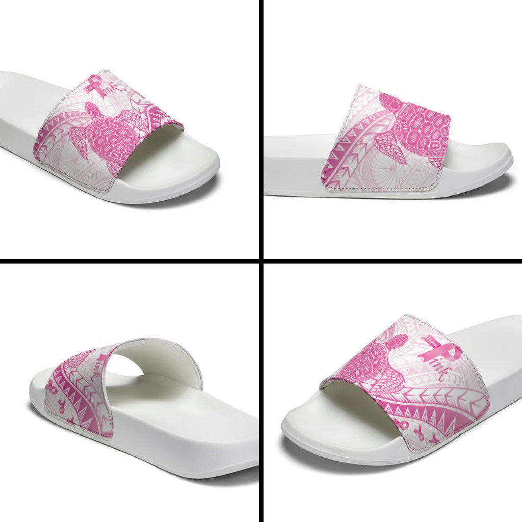 Breast Cancer Awareness Slide Sandals Pink Ribbon Turtle Polynesian Pattern White LT22 - Polynesian Pride