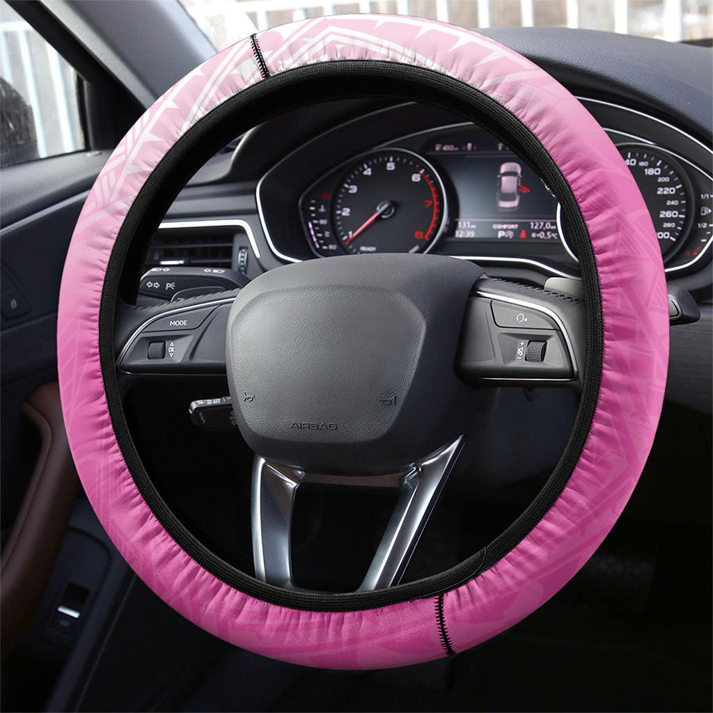 Breast Cancer Awareness Steering Wheel Cover Pink Ribbon Turtle Polynesian Pattern White LT22 - Polynesian Pride