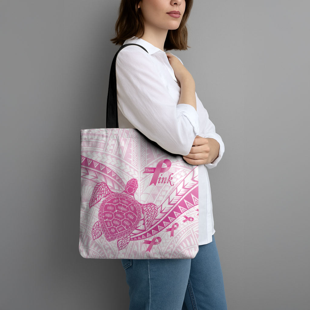 Breast Cancer Awareness Tote Bag Pink Ribbon Turtle Polynesian Pattern White LT22 - Polynesian Pride