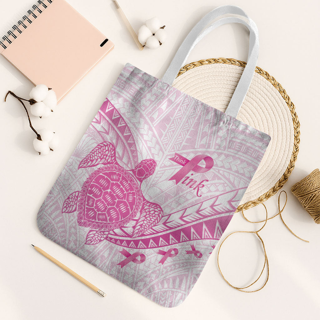 Breast Cancer Awareness Tote Bag Pink Ribbon Turtle Polynesian Pattern White LT22 White Strap One Size Pink - Polynesian Pride