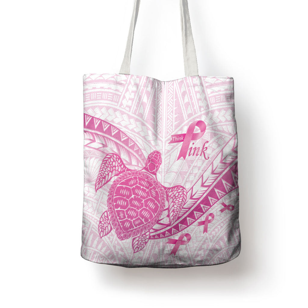 Breast Cancer Awareness Tote Bag Pink Ribbon Turtle Polynesian Pattern White LT22 - Polynesian Pride