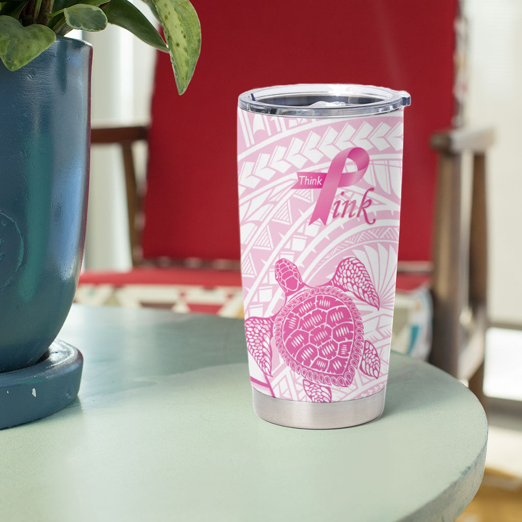 Breast Cancer Awareness Personalised Tumbler Cup Pink Ribbon Turtle Polynesian Pattern White LT22 - Polynesian Pride