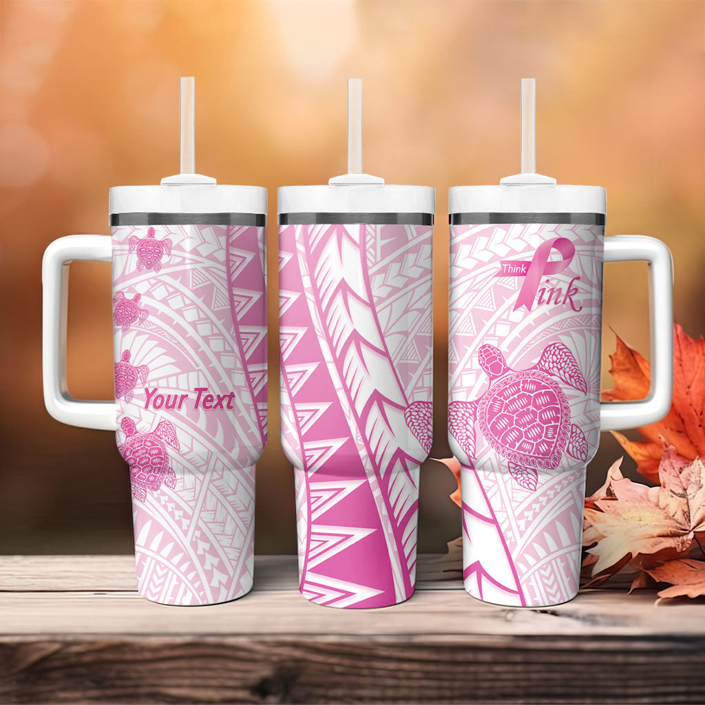 Breast Cancer Awareness Personalised Tumbler With Handle Pink Ribbon Turtle Polynesian Pattern White LT22 - Polynesian Pride