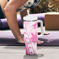 Breast Cancer Awareness Personalised Tumbler With Handle Pink Ribbon Turtle Polynesian Pattern White LT22 - Polynesian Pride