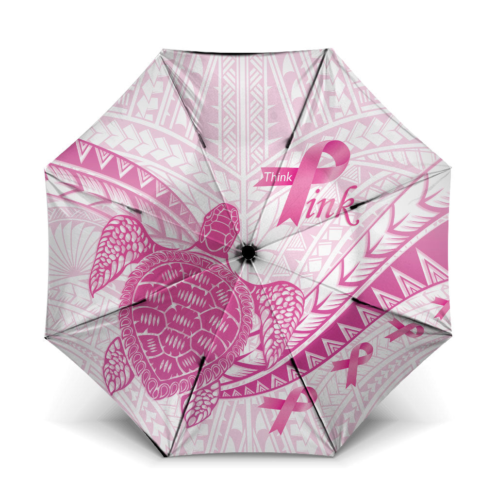 Breast Cancer Awareness Umbrella Pink Ribbon Turtle Polynesian Pattern White
