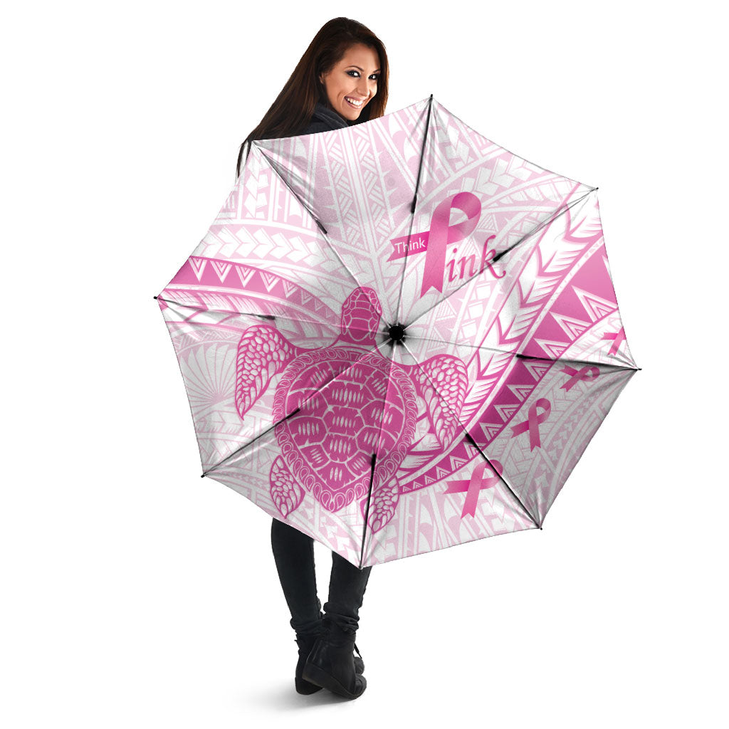 Breast Cancer Awareness Umbrella Pink Ribbon Turtle Polynesian Pattern White