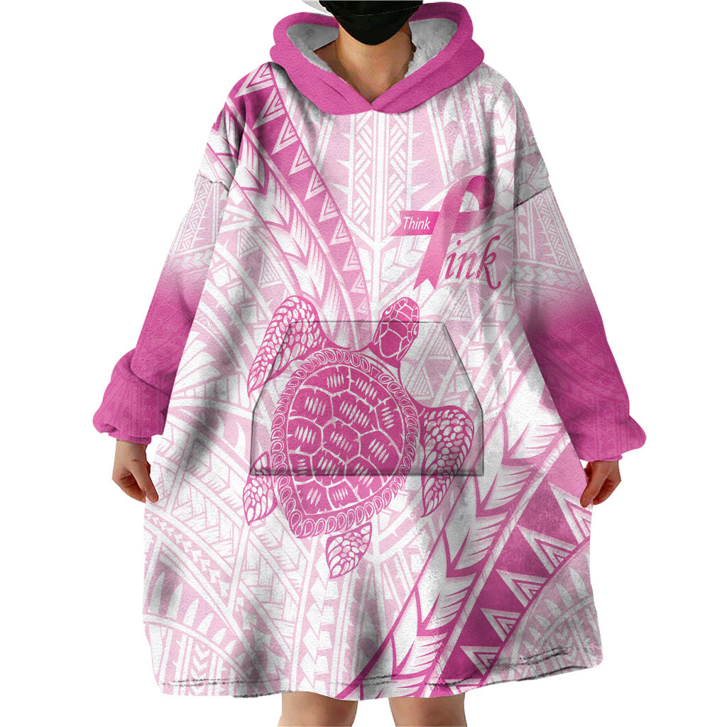 Breast Cancer Awareness Personalised Wearable Blanket Hoodie Pink Ribbon Turtle Polynesian Pattern White LT22 - Polynesian Pride