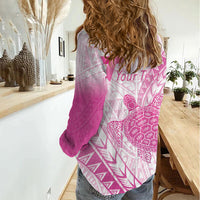Breast Cancer Awareness Personalised Women Casual Shirt Pink Ribbon Turtle Polynesian Pattern White LT22 - Polynesian Pride