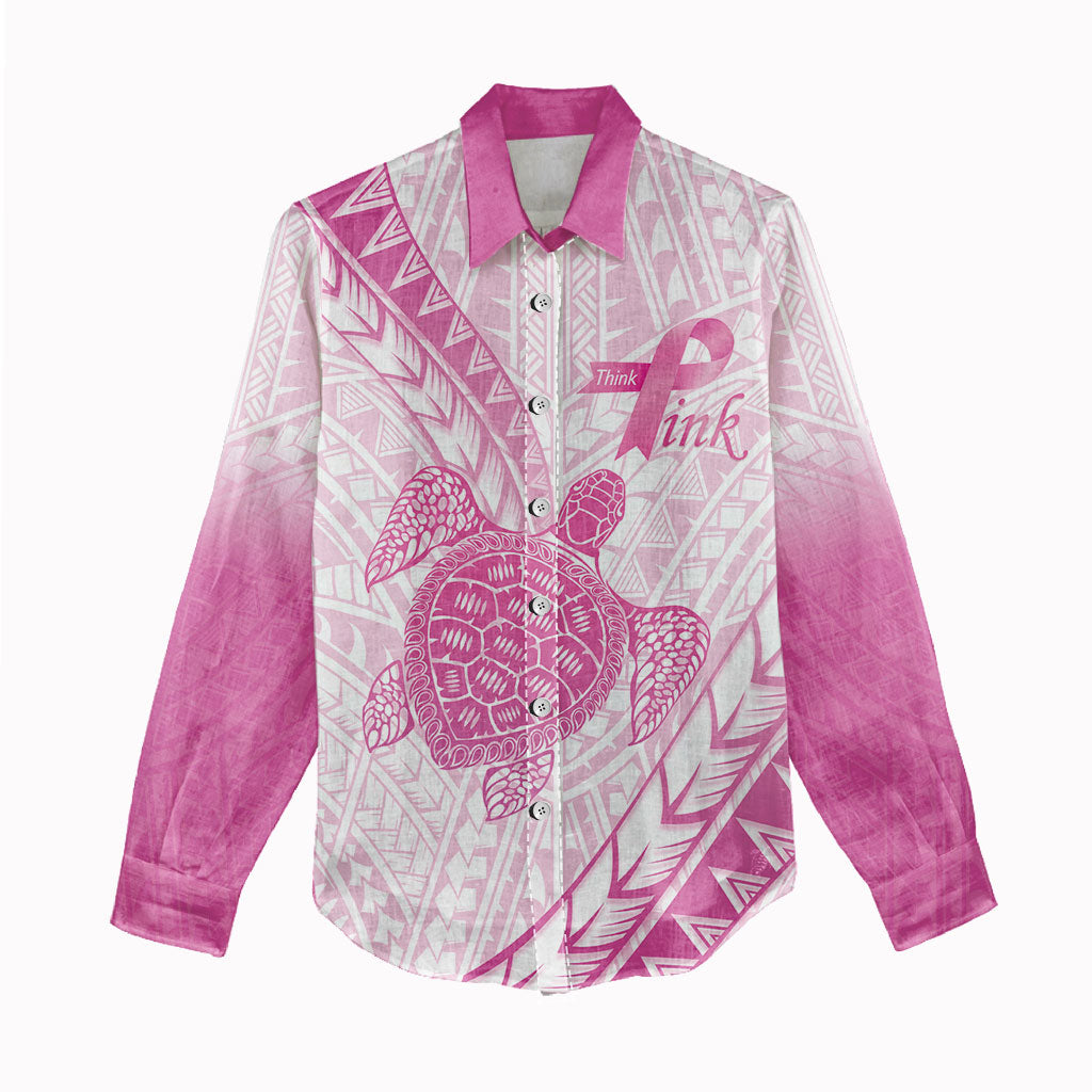 Breast Cancer Awareness Personalised Women Casual Shirt Pink Ribbon Turtle Polynesian Pattern White LT22 - Polynesian Pride