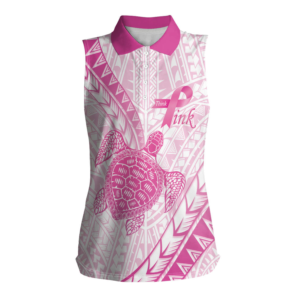Breast Cancer Awareness Personalised Women Sleeveless Polo Shirt Pink Ribbon Turtle Polynesian Pattern White LT22 Female Pink - Polynesian Pride