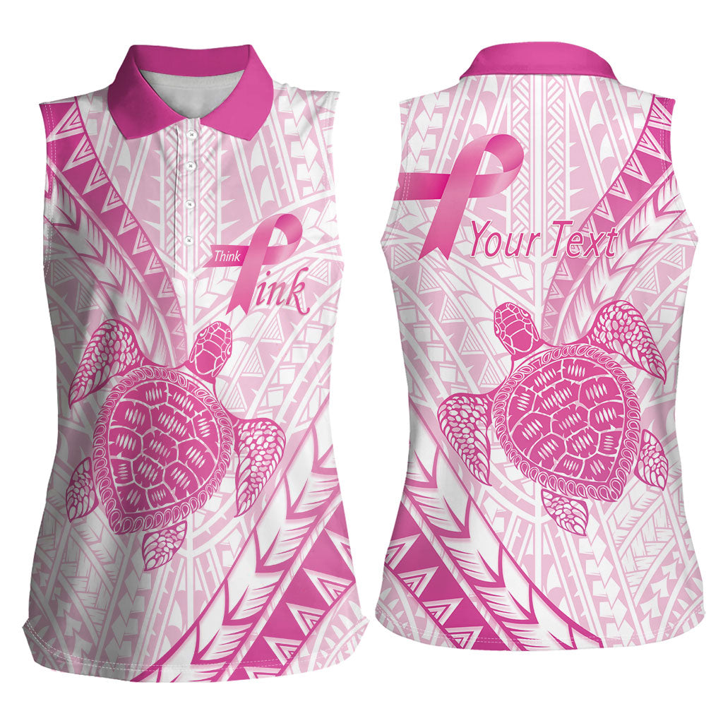 Breast Cancer Awareness Personalised Women Sleeveless Polo Shirt Pink Ribbon Turtle Polynesian Pattern White LT22 - Polynesian Pride