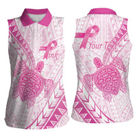Breast Cancer Awareness Personalised Women Sleeveless Polo Shirt Pink Ribbon Turtle Polynesian Pattern White LT22 - Polynesian Pride
