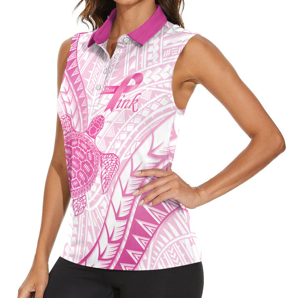 Breast Cancer Awareness Personalised Women Sleeveless Polo Shirt Pink Ribbon Turtle Polynesian Pattern White LT22 - Polynesian Pride